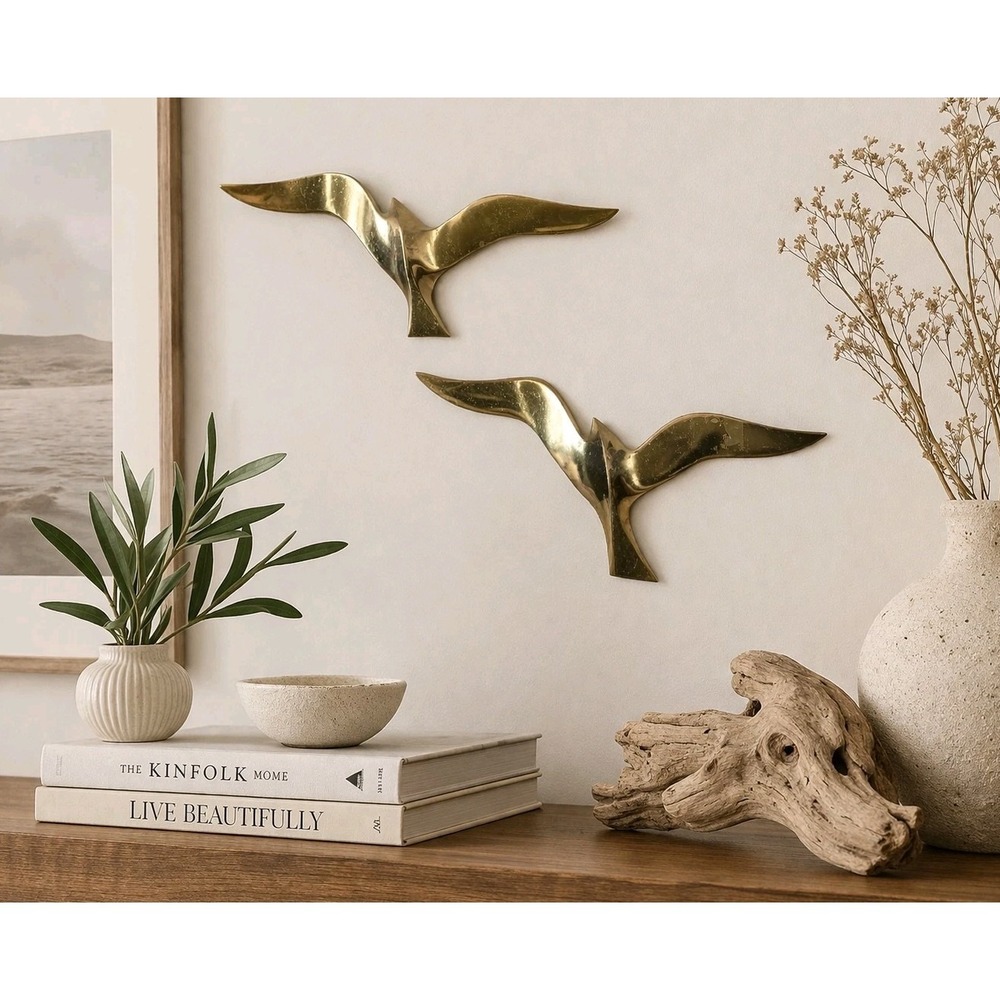 VTG 1970s Lot 2 Solid Brass Seagulls Flying Bird Sculpture Nautical Ready 2 Hang